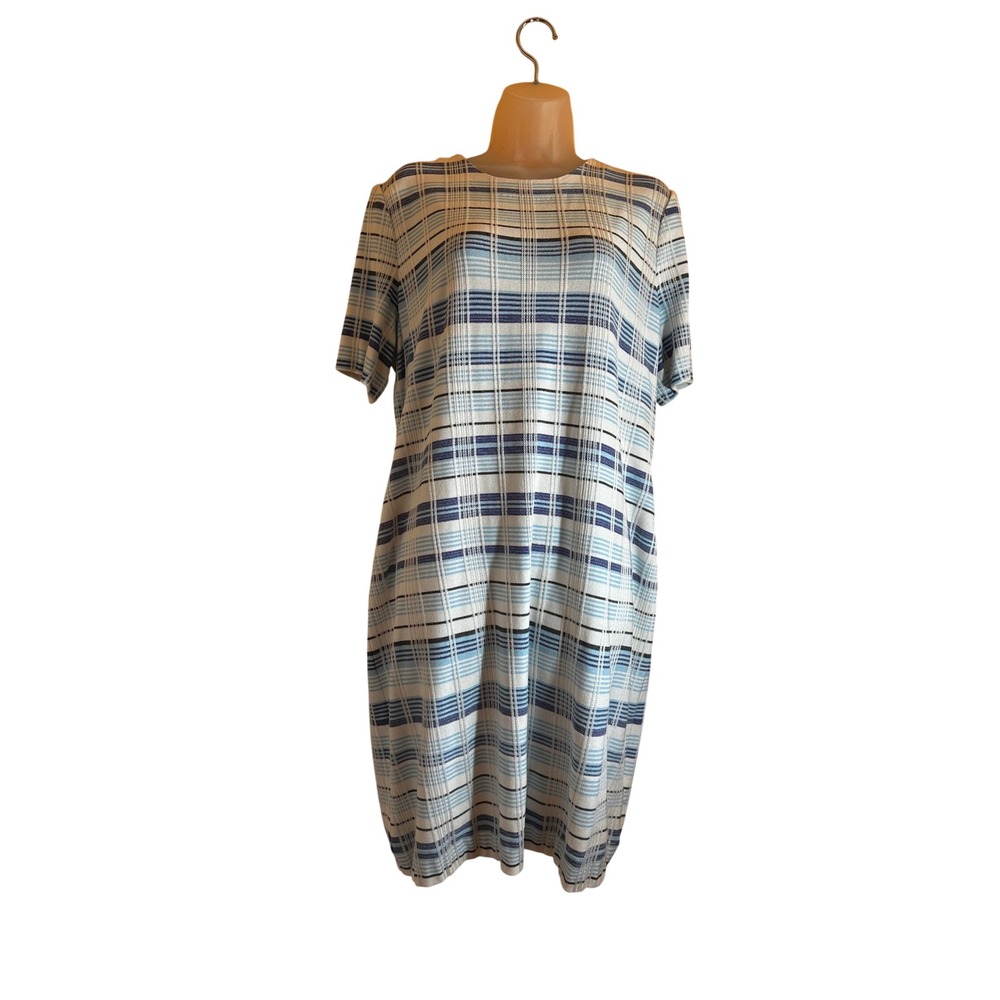 Misook Blue White Plaid Knit Sheath Dress Short Sleeve Crew Neck Size L